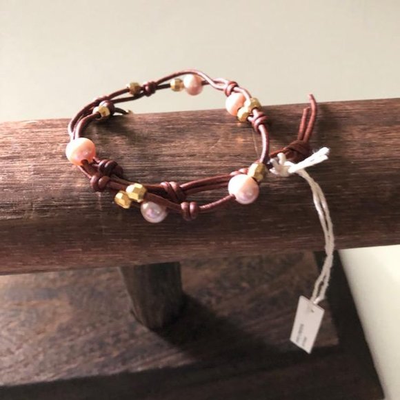 CHAN LUU NAT PINK PEARL DOUBLE BRACELET, GOLD BEADS, BS-5177, BROWN LEATHER, NWT - Picture 5 of 5